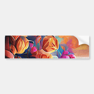 Floral Abstract Kunst Oranje Rode Blauwe Bloemen Bumpersticker