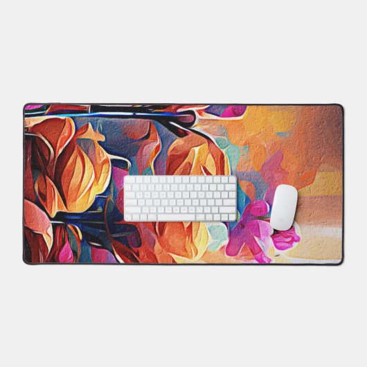Floral Abstract Kunst Oranje Rode Blauwe Bloemen Bureaumat (Keyboard & Muis)