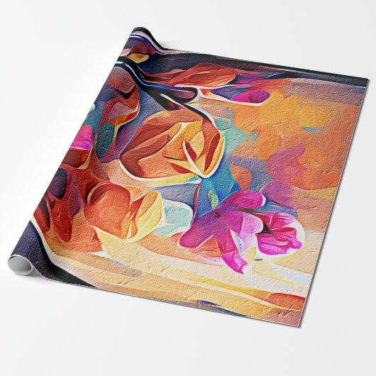 Floral Abstract Kunst Oranje Rode Blauwe Bloemen Cadeaupapier (Uitgerold)