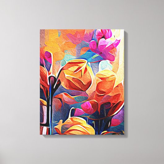 Floral Abstract Kunst Oranje Rode Blauwe Bloemen Canvas Afdruk (Voorkant)