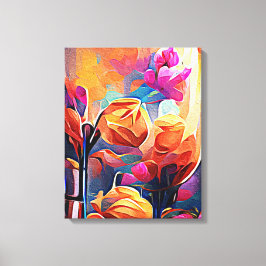 Floral Abstract Kunst Oranje Rode Blauwe Bloemen Canvas Afdruk