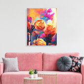 Floral Abstract Kunst Oranje Rode Blauwe Bloemen Canvas Afdruk (Insitu (Woonkamer))