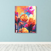 Floral Abstract Kunst Oranje Rode Blauwe Bloemen Canvas Afdruk (Insitu (Houten vloer))