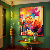 Floral Abstract Kunst Oranje Rode Blauwe Bloemen Canvas Afdruk