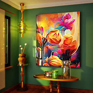 Floral Abstract Kunst Oranje Rode Blauwe Bloemen Canvas Afdruk