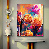 Floral Abstract Kunst Oranje Rode Blauwe Bloemen Canvas Afdruk