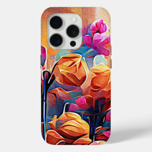 Floral Abstract Kunst Oranje Rode Blauwe Bloemen iPhone 15 Pro Case