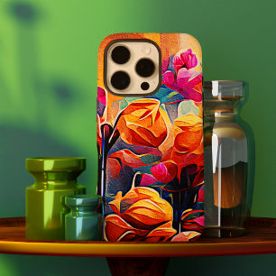 Floral Abstract Kunst Oranje Rode Blauwe Bloemen iPhone 16 Pro Hoesje