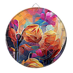 Floral Abstract Kunst Oranje Rode Blauwe Bloemen Dartbord