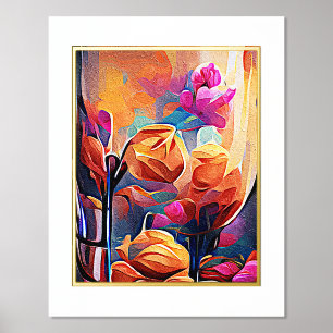 Floral Abstract Kunst Oranje Rode Blauwe Bloemen Folie Afdrukken