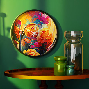 Floral Abstract Kunst Oranje Rode Blauwe Bloemen Grote Klok