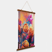 Floral Abstract Kunst Oranje Rode Blauwe Bloemen Hangend Wandkleed (Gebogen)