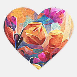 Floral Abstract Kunst Oranje Rode Blauwe Bloemen Hart Sticker