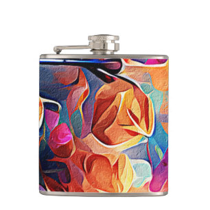 Floral Abstract Kunst Oranje Rode Blauwe Bloemen Heupfles