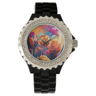 Floral Abstract Kunst Oranje Rode Blauwe Bloemen Horloge