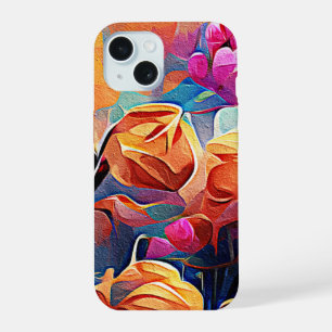 Floral Abstract Kunst Oranje Rode Blauwe Bloemen iPhone 15 Case