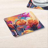 Floral Abstract Kunst Oranje Rode Blauwe Bloemen Kartonnen Onderzetters (Schuin)