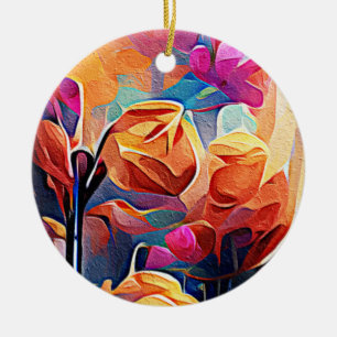 Floral Abstract Kunst Oranje Rode Blauwe Bloemen Keramisch Ornament