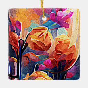 Floral Abstract Kunst Oranje Rode Blauwe Bloemen Keramisch Ornament