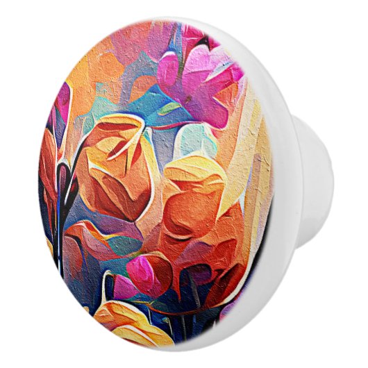Floral Abstract Kunst Oranje Rode Blauwe Bloemen Keramische Knop (Rechts)