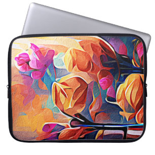 Floral Abstract Kunst Oranje Rode Blauwe Bloemen Laptop Sleeve