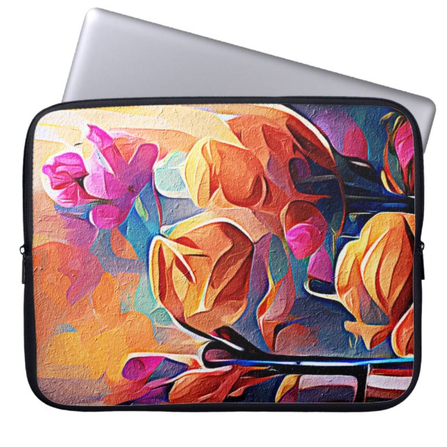 Floral Abstract Kunst Oranje Rode Blauwe Bloemen Laptop Sleeve (Voorkant)