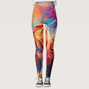 Floral Abstract Kunst Oranje Rode Blauwe Bloemen Leggings