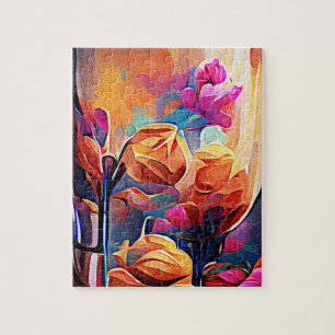 Floral Abstract Kunst Oranje Rode Blauwe Bloemen Legpuzzel