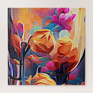 Floral Abstract Kunst Oranje Rode Blauwe Bloemen Legpuzzel