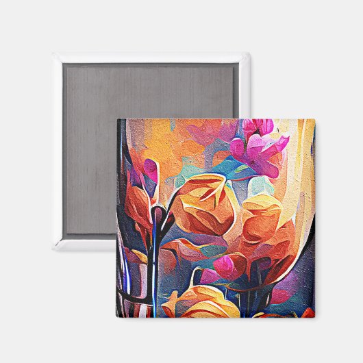 Floral Abstract Kunst Oranje Rode Blauwe Bloemen Magneet (Voorkant / Achterkant)