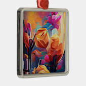 Floral Abstract Kunst Oranje Rode Blauwe Bloemen Metalen Ornament (Rechts)