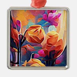 Floral Abstract Kunst Oranje Rode Blauwe Bloemen Metalen Ornament