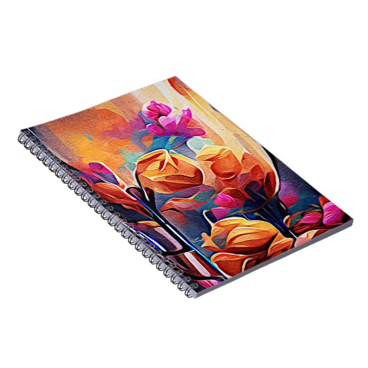 Floral Abstract Kunst Oranje Rode Blauwe Bloemen Notitieboek (Rechterzijde)