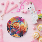 Floral Abstract Kunst Oranje Rode Blauwe Bloemen Papieren Bordje (Feest)