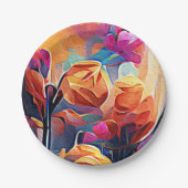 Floral Abstract Kunst Oranje Rode Blauwe Bloemen Papieren Bordje (Voorkant)