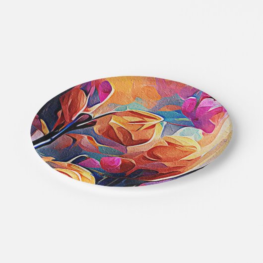Floral Abstract Kunst Oranje Rode Blauwe Bloemen Papieren Bordje (Gekanteld)