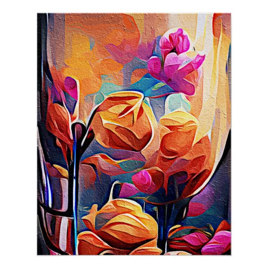 Floral Abstract Kunst Oranje Rode Blauwe Bloemen Perfect Poster (Voorkant)