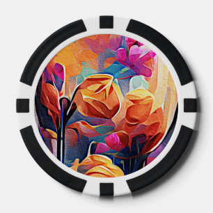 Floral Abstract Kunst Oranje Rode Blauwe Bloemen Poker Chips