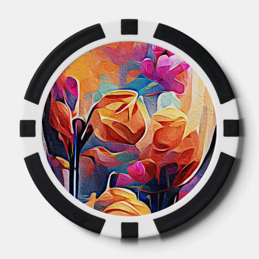 Floral Abstract Kunst Oranje Rode Blauwe Bloemen Poker Chips (Voorkant)