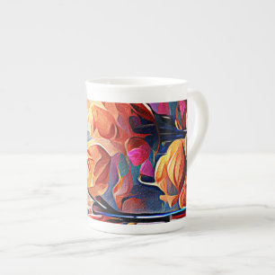 Floral Abstract Kunst Oranje Rode Blauwe Bloemen Porselein Kop
