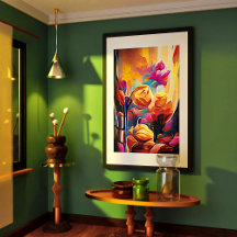 Floral Abstract Kunst Oranje Rode Blauwe Bloemen