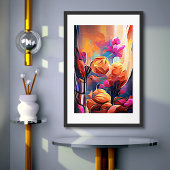 Floral Abstract Kunst Oranje Rode Blauwe Bloemen Poster