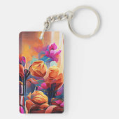 Floral Abstract Kunst Oranje Rode Blauwe Bloemen Sleutelhanger (achterkant)
