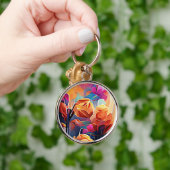 Floral Abstract Kunst Oranje Rode Blauwe Bloemen Sleutelhanger (Hand)