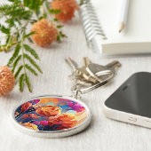 Floral Abstract Kunst Oranje Rode Blauwe Bloemen Sleutelhanger (Zijkant)