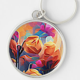 Floral Abstract Kunst Oranje Rode Blauwe Bloemen Sleutelhanger