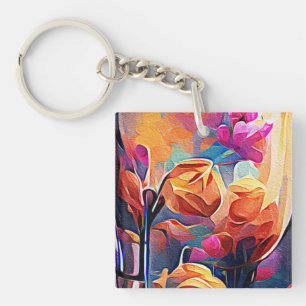 Floral Abstract Kunst Oranje Rode Blauwe Bloemen Sleutelhanger