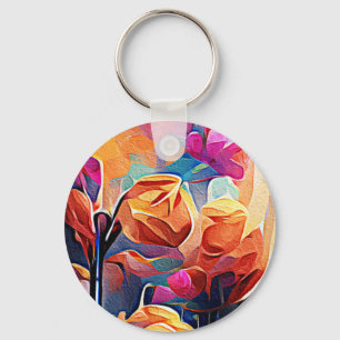 Floral Abstract Kunst Oranje Rode Blauwe Bloemen Sleutelhanger
