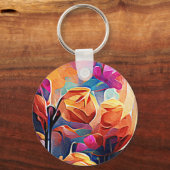 Floral Abstract Kunst Oranje Rode Blauwe Bloemen Sleutelhanger (Voorkant)