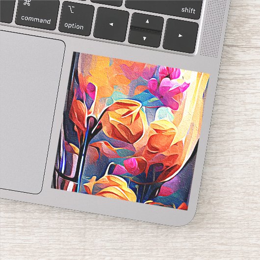 Floral Abstract Kunst Oranje Rode Blauwe Bloemen Sticker (Detail)